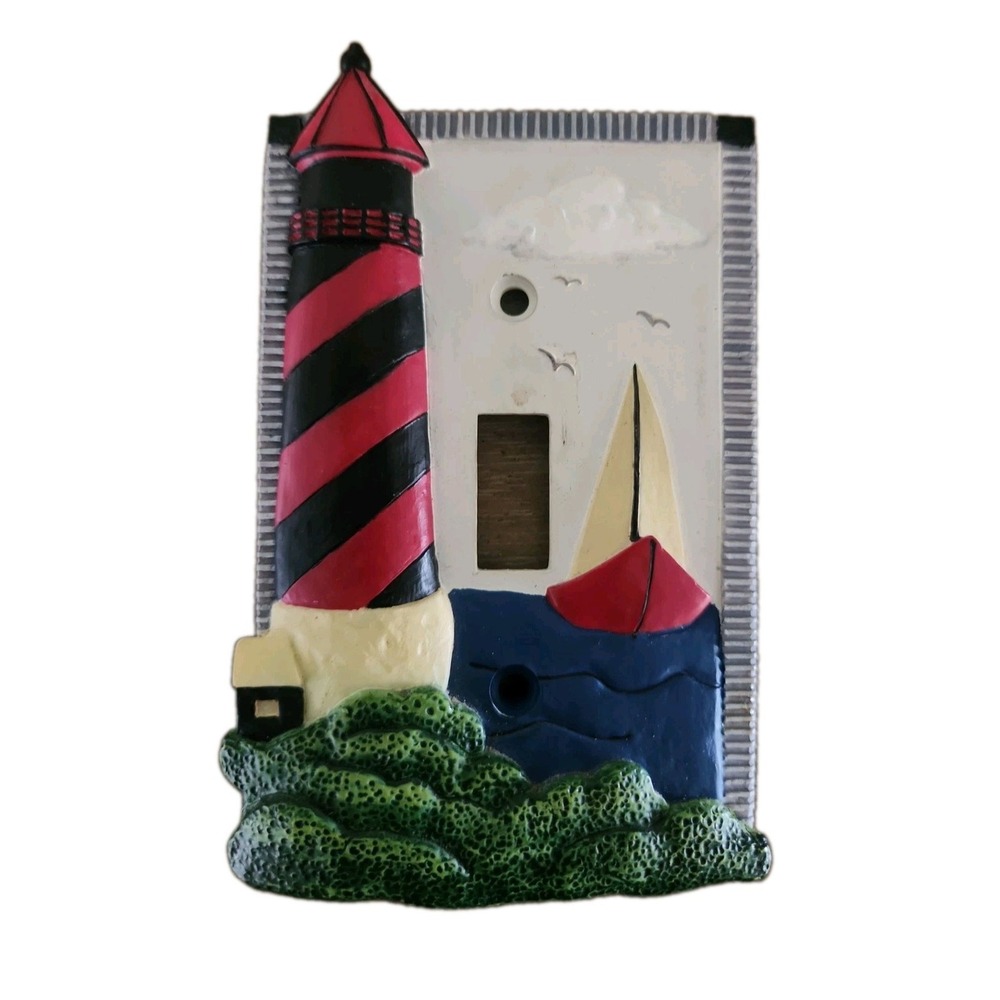 Borders Unlimited Red Black LIGHTHOUSE Sailboat Switch Plate Cover 3-d Resin